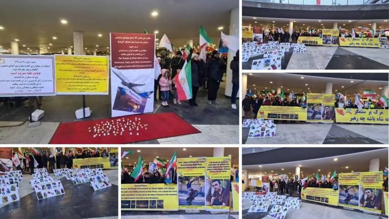 Stockholm, Sweden—January 6, 2023: Members of the Iranian community and Iranian Resistance (NCRIand MEK) supporters held a rally on the third anniversary of the deliberate and criminal firing of missiles at a Ukrainian passenger plane, killing 176 innocent passengers by the IRGC.