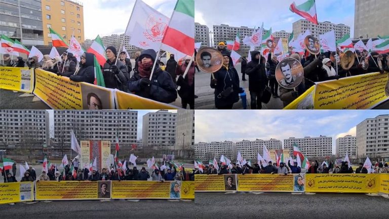 Stockholm, Sweden—January 12, 2023: Freedom-loving Iranians, and supporters of the People's Mojahedin Organization of Iran (PMOI/MEK) and the National Council of Resistance of Iran (NCRI) held a rally on the second day of the appeal trial of the executioner Hamid Noury in front of the court. They are seeking justice for more than 30,000 martyrs of the 1988 massacre.