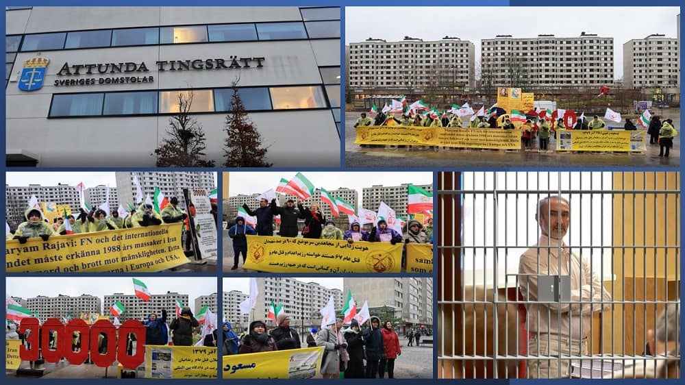 Stockholm, Sweden—January 11, 2023: Freedom-loving Iranians, and supporters of the People's Mojahedin Organization of Iran (PMOI/MEK) and the National Council of Resistance of Iran (NCRI) held a rally on the beginning of the appeal trial of the executioner Hamid Noury in front of the court.