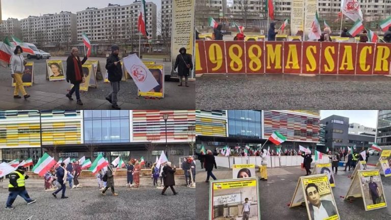 Stockholm, Sweden—January 18, 2023: Freedom-loving Iranians, and supporters of the People's Mojahedin Organization of Iran (PMOI/MEK) and the National Council of Resistance of Iran (NCRI) held a rally on the third day of the appeal trial of the executioner Hamid Noury in front of the court. They are seeking justice for more than 30,000 martyrs of the 1988 massacre.