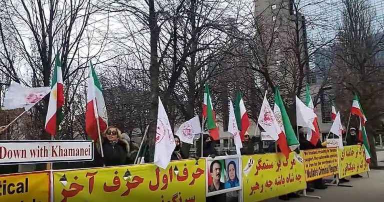 Toronto, Canada—January 21, 2023: Freedom-loving Iranians and supporters of the People's Mojahedin Organization of Iran (PMOI/MEK) held a rally in solidarity with the Iranian people's uprising.