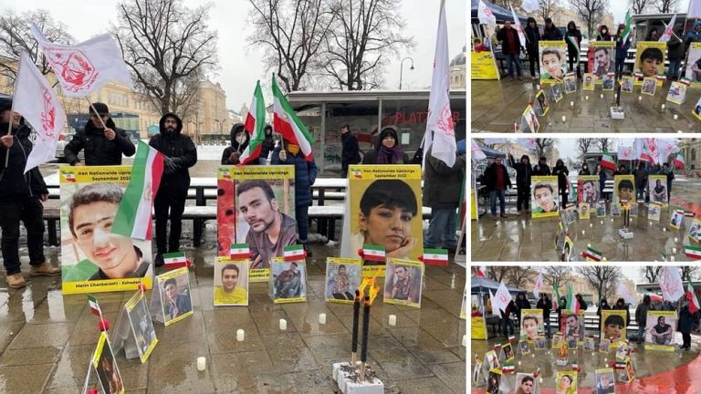 Vienna, Austria—January 28, 2023: Freedom-loving Iranians and supporters of the People's Mojahedin Organization of Iran (PMOI/MEK) held a rally in solidarity with the Iranian people's uprising.
