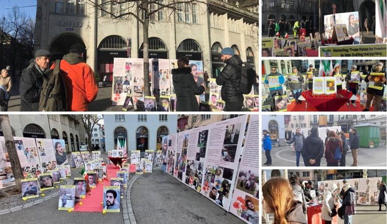 Zurich, Switzerland—January 10, 2023: Freedom-loving Iranians and supporters of the People's Mojahedin Organization of Iran (PMOI/MEK) held a photo exhibition in memory of the martyrs of the nationwide Iranian Revolution. They also expressed their solidarity with the nationwide Iran protests.