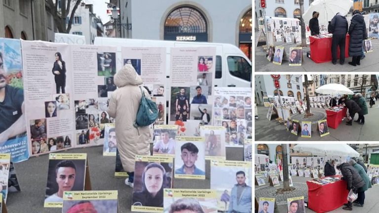 Zurich, Switzerland—January 17, 2023: Freedom-loving Iranians and supporters of the People's Mojahedin Organization of Iran (PMOI/MEK) held a photo exhibition in memory of the martyrs of the nationwide Iranian Revolution. They also commemorated Mohsen Shekari on the 40th day of his execution by the brutal mullahs' regime and expressed their solidarity with the nationwide Iran protests.