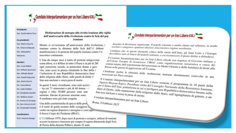 Rome, February 9, 2023: Inter Parliamentary Committee for a Free Iran issued a statement on the anniversary of Iran's 1979 anti-monarch revolution and expressed solidarity with the Iranian nationwide protests against the mullahs' regime.