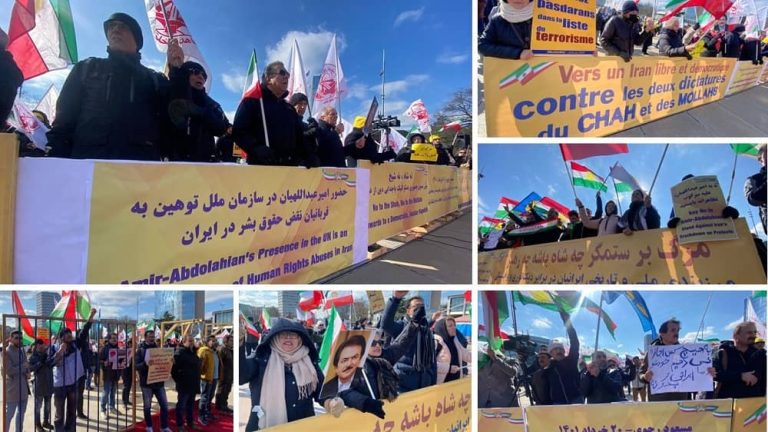 Geneva, Switzerland—February 27, 2023: To coincide with the UN Human Rights Session, freedom-loving Iranians and supporters of the Iranian Resistance (NCRI and MEK) held a protest rally against the presence of Iran's regime FM to address the opening of the UN Human Rights Council.