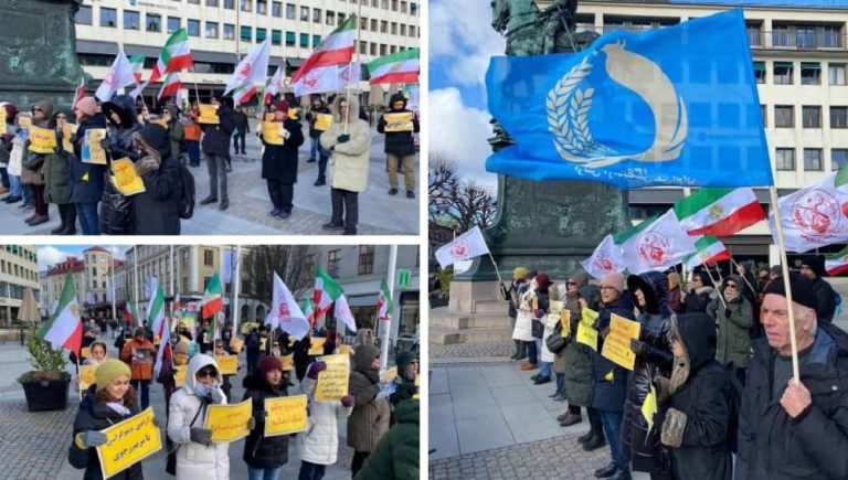 Gothenburg, Sweden—February 25, 2023: Freedom-loving Iranians and supporters of the People's Mojahedin Organization of Iran (PMOI/MEK) held a rally in Gothenburg and expressed solidarity with the nationwide Iran protests.