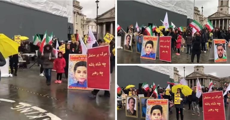 London, England—February 18, 2023: Freedom-loving Iranians and supporters of the People’s Mojahedin Organization of Iran (PMOI/MEK) held a rally and expressed solidarity with the nationwide Iranian uprising against the mullahs' regime.
