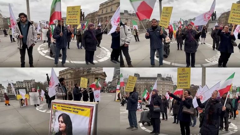 London, England—February 4, 2023: Freedom-loving Iranians and supporters of the People's Mojahedin Organization of Iran (PMOI/MEK) held a rally in solidarity with the Iranian people's uprising.
