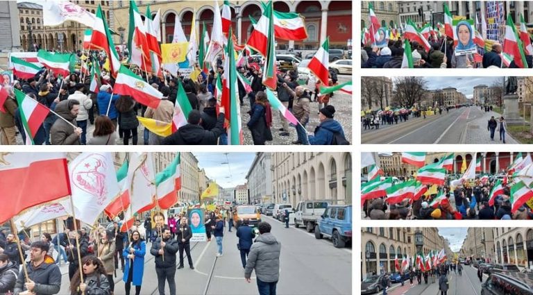 Munich, Germany—February 17, 2023: Freedom-loving Iranians and supporters of the Iranian Resistance (NCRI and MEK) demonstrated at Max-Jozef-Platz, in front of the Munich Security Conference. They also marched in the streets of Munich.