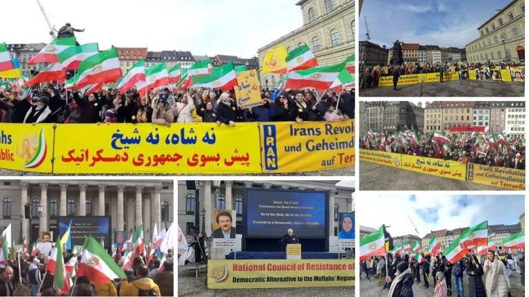 Munich, Germany—February 17, 2023: A grand rally of freedom-loving Iranians and supporters of the Iranian Resistance (NCRI and MEK) was held at Max-Jozef-Platz, in front of the security conference in Munich.