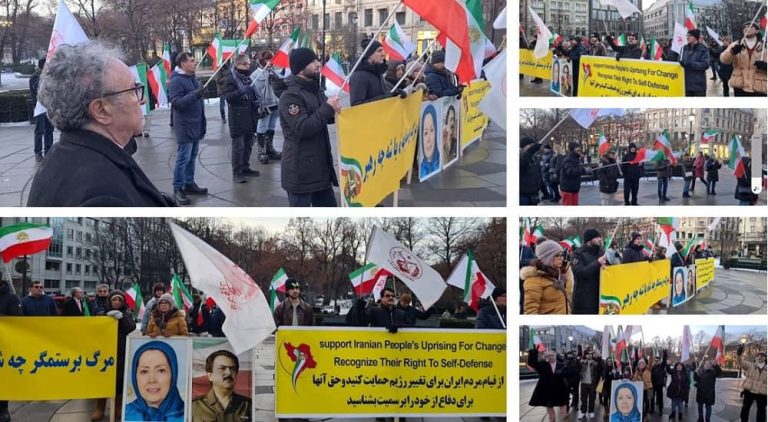 Oslo, Norway—February 4, 2023: Freedom-loving Iranians and supporters of the People's Mojahedin Organization of Iran (PMOI/MEK) held a rally in solidarity with the Iranian people's uprising.