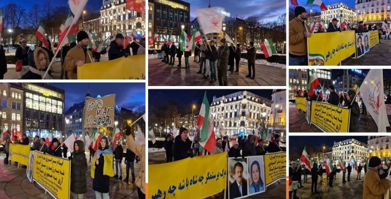 Oslo, Norway—February 24, 2023: Freedom-loving Iranians and supporters of the People's Mojahedin Organization of Iran (PMOI/MEK) held a rally in Oslo and expressed solidarity with the nationwide Iran protests.