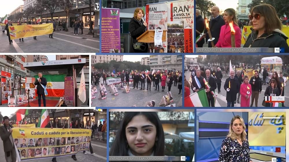 Pescara, Italy—February 18, 2023: In the city of Pescara, Italy, a demonstration was held at the invitation of the mayor of this city in support of the uprising of the Iranian people. In addition to the mayor, the head of the city council and officials of various institutions of Abruzzo province were present in this demonstration, which many Italian citizens attended.