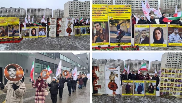 Stockholm, Sweden—February 7, 2023: Freedom-loving Iranians, and supporters of the People's Mojahedin Organization of Iran (PMOI/MEK) and the National Council of Resistance of Iran (NCRI) held a rally on the eighth day of the appeal trial of the executioner Hamid Noury in front of the court. They are seeking justice for more than 30,000 martyrs of the 1988 massacre.