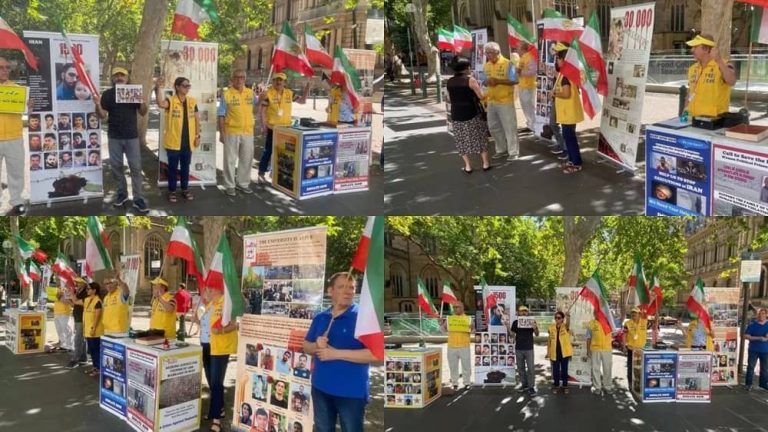 Sydney, Australia—February 8, 2023: Freedom-loving Iranians, supporters of the People's Mojahedin Organization of Iran (PMOI/MEK) held a rally in solidarity with the nationwide Iranian Revolution.