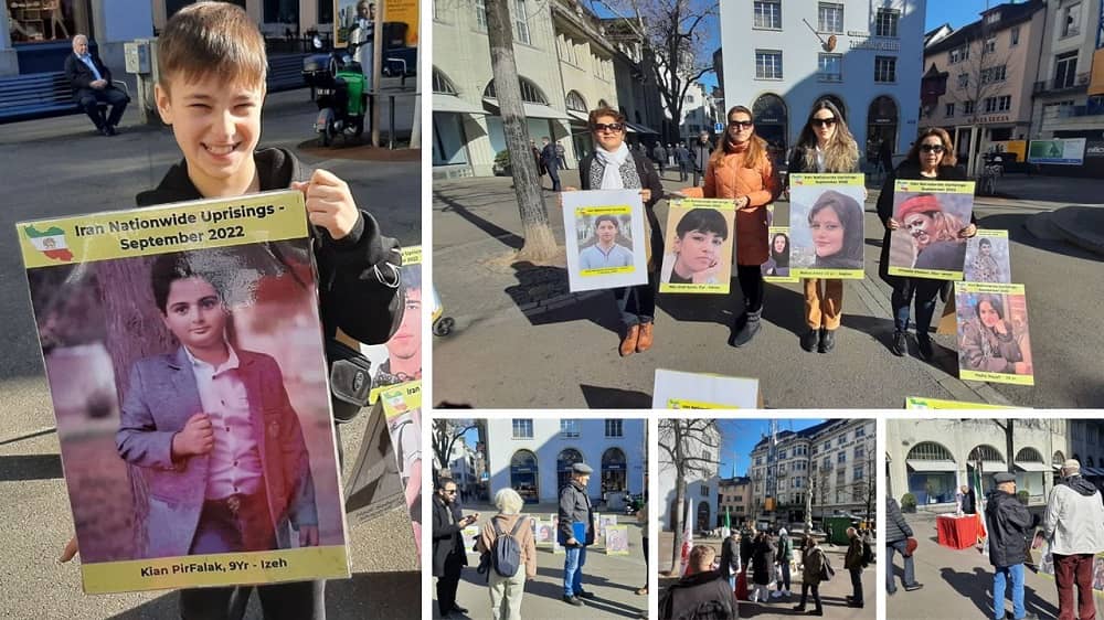 Zurich, Switzerland—February 21, 2023: Freedom-loving Iranians, supporters of the People's Mojahedin Organization of Iran (PMOI/MEK) held a rally and book exhibition in solidarity with the nationwide Iranian Revolution. 