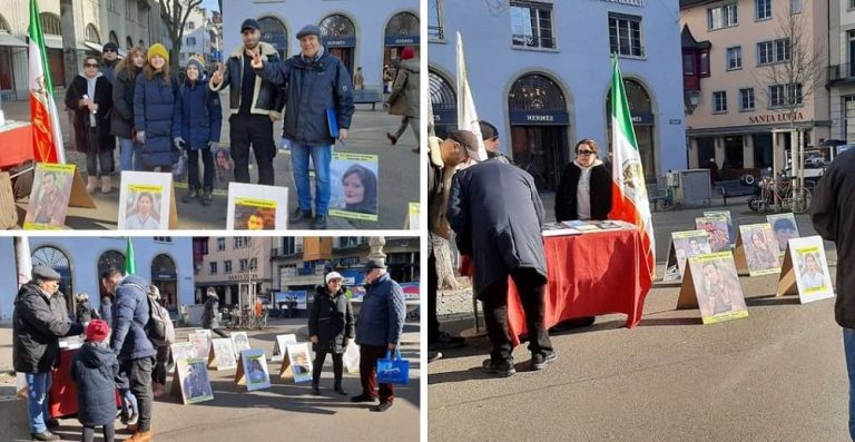 Zurich, Switzerland—February 7, 2023: Freedom-loving Iranians, supporters of the People's Mojahedin Organization of Iran (PMOI/MEK) held a rally and book exhibition in solidarity with the nationwide Iranian Revolution.