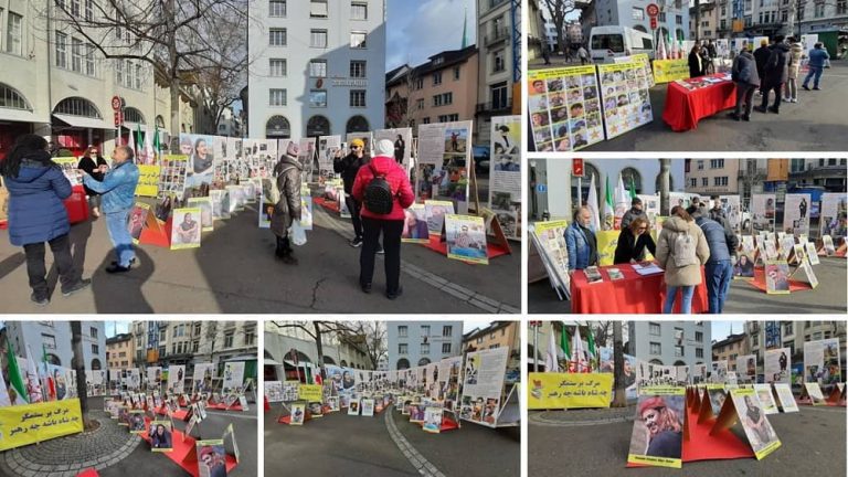 Zurich, Switzerland—January 31, 2023: A photo exhibition was held in memory of the martyrs of the nationwide Iranian Revolution by freedom-loving Iranians, supporters of the People's Mojahedin Organization of Iran (PMOI/MEK). Also, they expressed solidarity with the widespread uprising, which reached its fifth month despite the brutality of the regime.