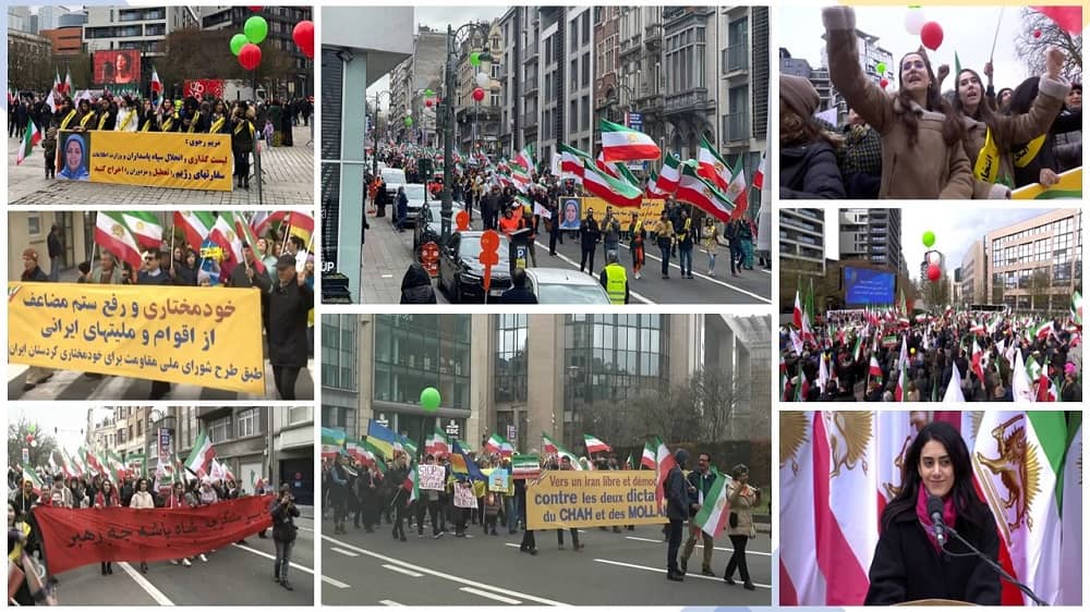 Brussels—March 20, 2023: A grand demonstration took place in Brussels streets and Schuman Square, simultaneously with the EU Foreign Affairs Council meeting. The Iranian Resistance organized this massive rally. Thousands of freedom-loving Iranians and supporters of the People's Mojahedin Organization of Iran (PMOI/MEK) gathered to demand the designation of the IRGC as a terrorist organization.