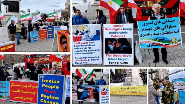 London, England—March 11, 2023: Freedom-loving Iranians and supporters of the People’s Mojahedin Organization of Iran (PMOI/MEK) held a rally in Trafalgar square and expressed solidarity with the nationwide Iranian uprising against the mullahs' regime.