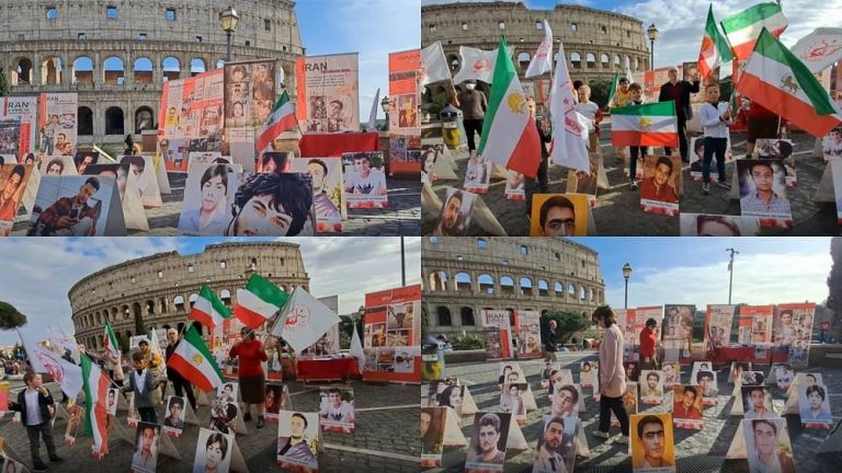 Rome, Italy—March 11, 2023: Freedom-loving Iranians and supporters of the People's Mojahedin Organization of Iran (PMOI/MEK) held a rally and photo exhibition in Colosseum square in solidarity with the Iranian people's uprising.