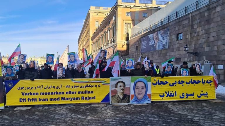 Stockholm, Sweden—March 11, 2023: Freedom-loving Iranians and supporters of the People's Mojahedin Organization of Iran (PMOI/MEK) held a rally in front of the Swedish Parliament and expressed solidarity with the nationwide Iran protests.