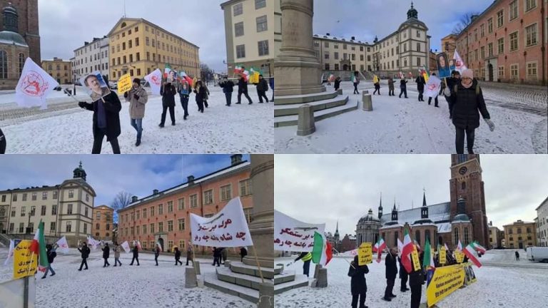Stockholm, Sweden—March 6, 2023: Freedom-loving Iranians, and supporters of the People's Mojahedin Organization of Iran (PMOI/MEK) held a rally on the ninth session of the appeal trial of the executioner Hamid Noury in front of the court. They are seeking justice for more than 30,000 martyrs of the 1988 massacre.