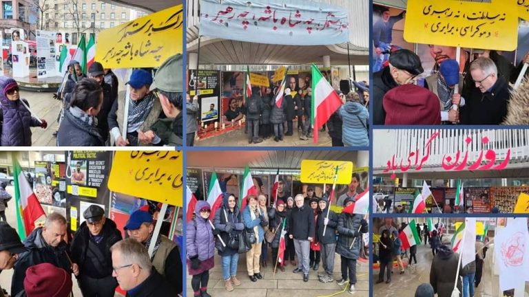 Vancouver, Canada—March 4, 2023: Freedom-loving Iranians and supporters of the People's Mojahedin Organization of Iran (PMOI/MEK) held a rally and expressed solidarity with the nationwide Iran protests.
