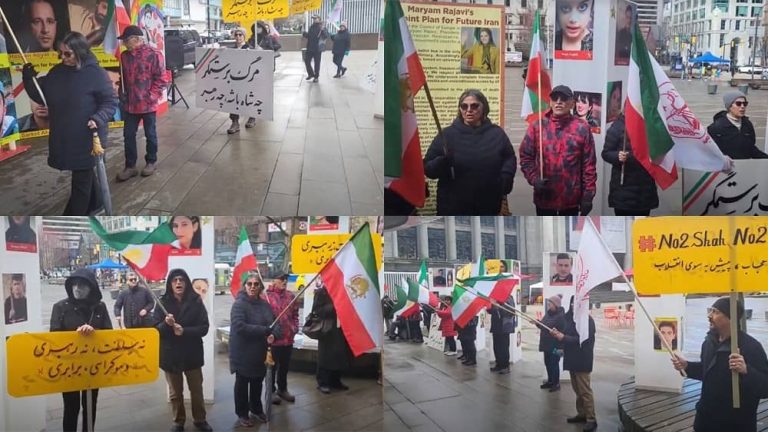 Vancouver, Canada—March 25, 2023: Freedom-loving Iranians and supporters of the People's Mojahedin Organization of Iran (PMOI/MEK) held a rally and expressed solidarity with the nationwide Iran protests.