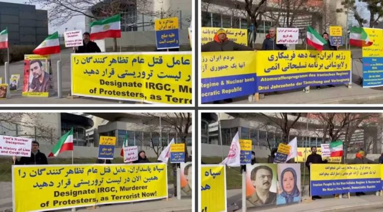Vienna, Austria—March 6, 2023: Freedom-loving Iranians and supporters of the People's Mojahedin Organization of Iran (PMOI/MEK) rallied in solidarity with the Iranian people's uprising and condemning appeasement policy with the mullahs' regime.
