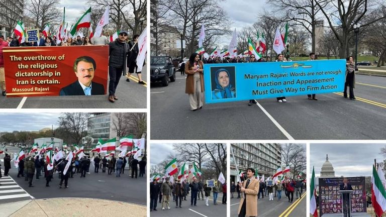 Washington, DC——March 11, 2023: Freedom-loving Iranians and supporters of the People's Mojahedin Organization of Iran (PMOI/MEK) and the National Council of Resistance of Iran (NCRI) demonstrated after the Washington Summit in support of Iran's uprising for a democratic and free Republic.