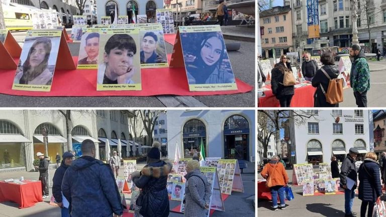 Zurich, Switzerland—March 28, 2023: Freedom-loving Iranians, supporters of the People's Mojahedin Organization of Iran (PMOI/MEK) held an exhibition of the martyrs of the nationwide protests killed by the mullahs' regime in solidarity with the Iranian Revolution.