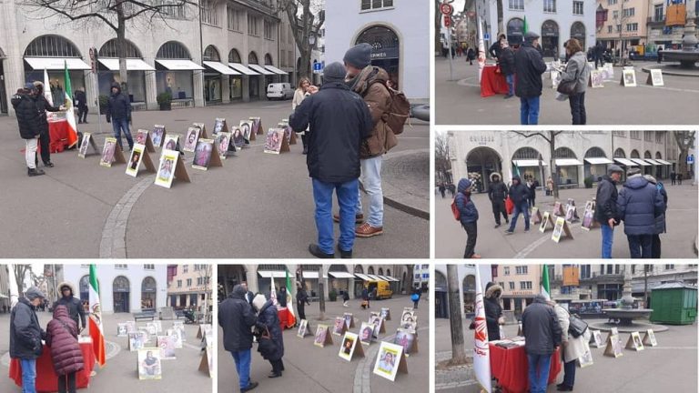 Zurich, Switzerland—February 28, 2023: Freedom-loving Iranians, supporters of the People’s Mojahedin Organization of Iran (PMOI/MEK) held a rally and book exhibition in solidarity with the nationwide Iranian Revolution.