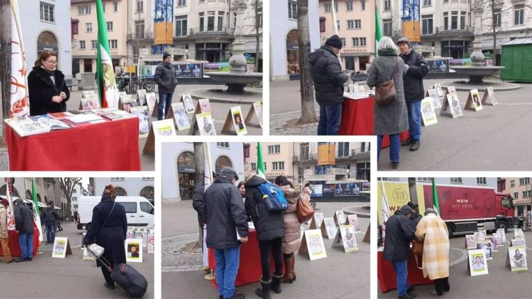Zurich, Switzerland—March 2, 2023: Freedom-loving Iranians, supporters of the People's Mojahedin Organization of Iran (PMOI/MEK) held an exhibition of the martyrs of the nationwide protests killed by the mullahs' regime in solidarity with the Iranian Revolution.