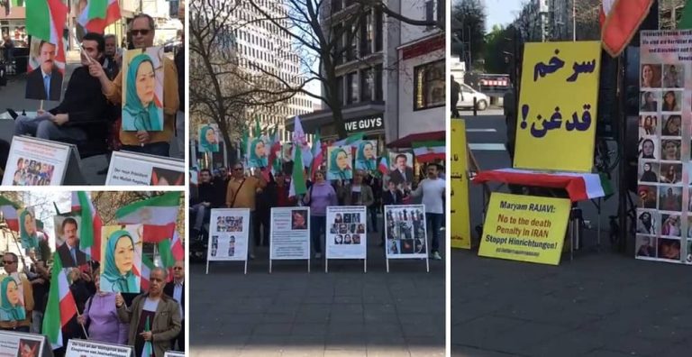Berlin, Germany—April 22, 2023: Freedom-loving Iranians, supporters of the People’s Mojahedin Organization of Iran (PMOI/MEK) held a rally in support of the Iranian Revolution. The Iranian community in Berlin supported their rising compatriots and pledged to continue to call for freedom and democracy in Iran.