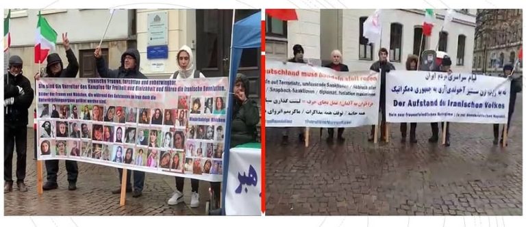 Bremen, Germany—April 6, 2023: Freedom-loving Iranians, supporters of the People's Mojahedin Organization of Iran (PMOI/MEK) held a rally in solidarity with the Iranian Revolution.