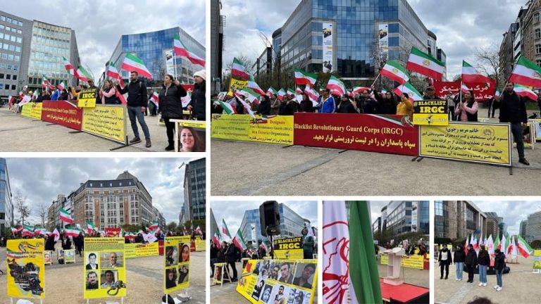 Brussels, Belgium—April 24, 2023: Freedom-loving Iranians, and supporters of the People’s Mojahedin Organization of Iran (PMOI/MEK), demonstrated in front of the EU Council of Ministers at the Same Time as the EU Foreign Ministers' Meeting. Iranian Resistance supporters demanded to designate the IRGC as a terrorist organization. They also expressed solidarity with the nationwide Iran protests.