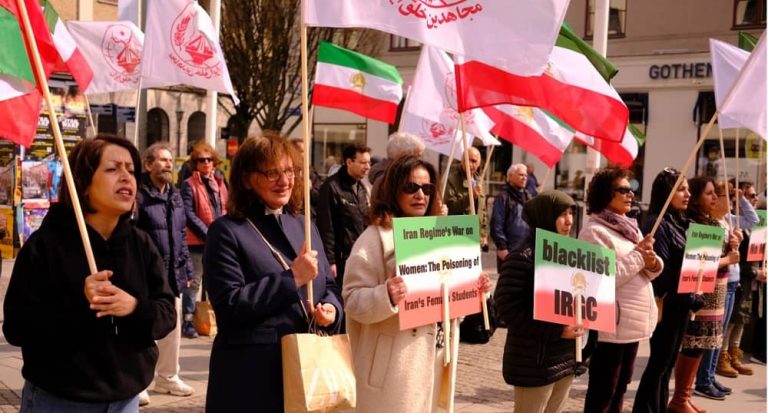 Gothenburg, Sweden—April 15, 2023: Freedom-loving Iranians and supporters of the People's Mojahedin Organization of Iran (PMOI/MEK) held a rally and expressed solidarity with the nationwide Iran protests.