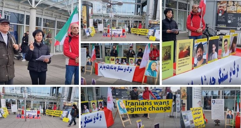 Heidelberg, Germany—April 8, 2023: Freedom-loving Iranians, supporters of the People's Mojahedin Organization of Iran (PMOI/MEK) held a rally in solidarity with the Iranian Revolution