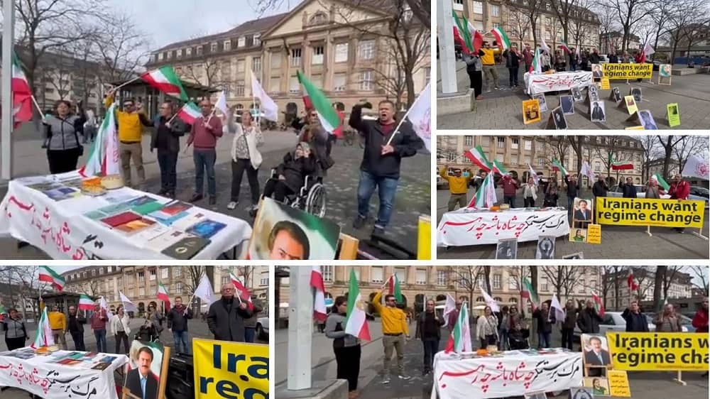 Karlsruhe, Germany—April 19, 2023: MEK Supporters Rally to Support the Iran Revolution