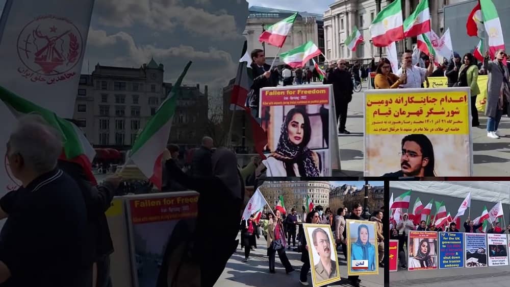 London, England—April 8, 2023: Freedom-loving Iranians, supporters of the People's Mojahedin Organization of Iran (PMOI/MEK) held a rally in solidarity with the Iranian Revolution.