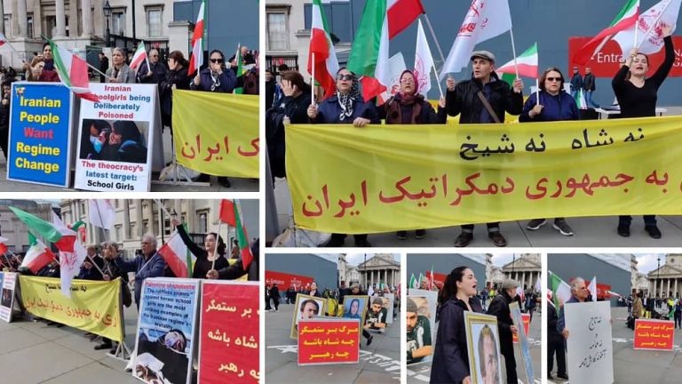 London, England—April 15, 2023: Freedom-loving Iranians, supporters of the People's Mojahedin Organization of Iran (PMOI/MEK) held a rally in Trafalgar square in solidarity with the Iranian Revolution.