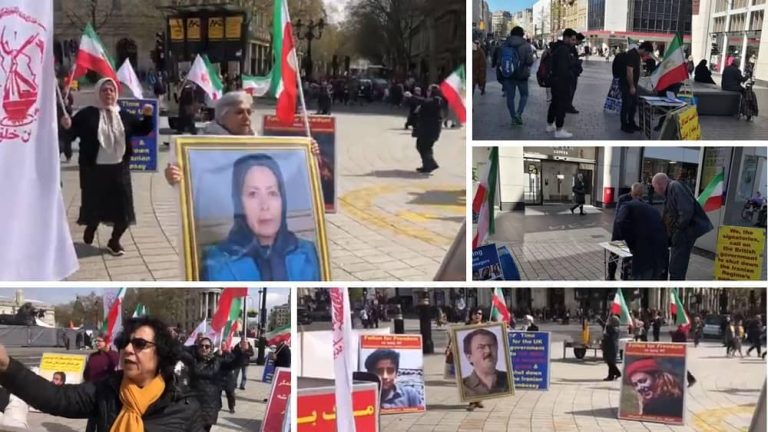 London and Liverpool—April 22, 2023: Freedom-loving Iranians, supporters of the People's Mojahedin Organization of Iran (PMOI/MEK) held rallies in support of the Iranian Revolution.