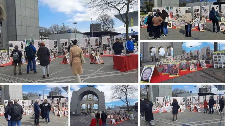 Lucerne, Switzerland—April 4, 2023: Freedom-loving Iranians, supporters of the People's Mojahedin Organization of Iran (PMOI/MEK) held an exhibition of the martyrs of the nationwide protests killed by the mullahs' regime in solidarity with the Iranian Revolution.