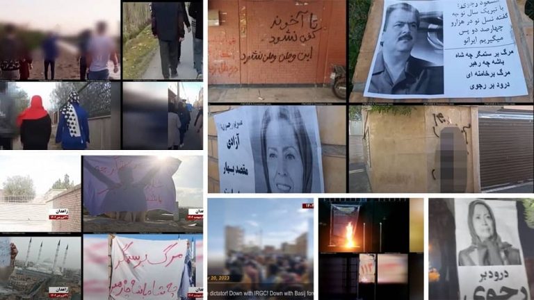 MEK Resistance Units continue their efforts to oppose the regime's suppressive measures. Last week, Resistance Units torched banners of Khamenei and IRGC Basij signs in public areas. They also took to graffiti in streets and installed images of Iranian Resistance leaders, including the NCRI President-elect Maryam Rajavi.