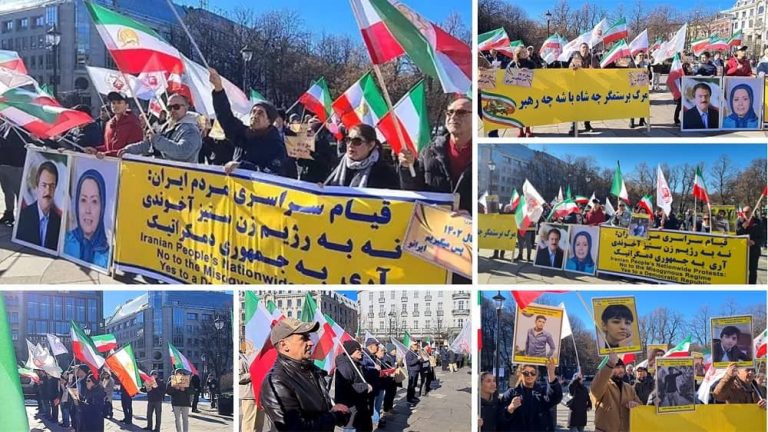 Oslo, Norway—April 1, 2023: Freedom-loving Iranians and supporters of the People's Mojahedin Organization of Iran (PMOI/MEK) held a rally in front of the Norwegian Parliament and expressed solidarity with the nationwide Iran protests.