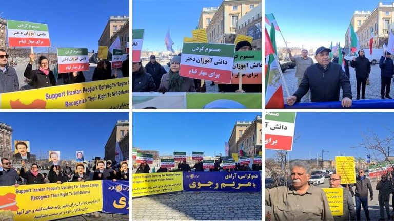 Stockholm, Sweden—April 15, 2023: Freedom-loving Iranians, supporters of the People's Mojahedin Organization of Iran (PMOI/MEK) held a rally in front of the Swedish parliament in solidarity with the Iranian Revolution.