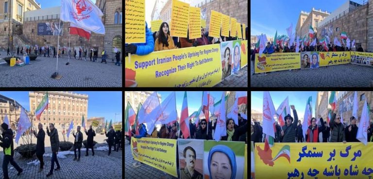 Stockholm, Sweden—April 8, 2023: Freedom-loving Iranians, supporters of the People's Mojahedin Organization of Iran (PMOI/MEK) held a rally in front of the Swedish parliament in solidarity with the Iranian Revolution.