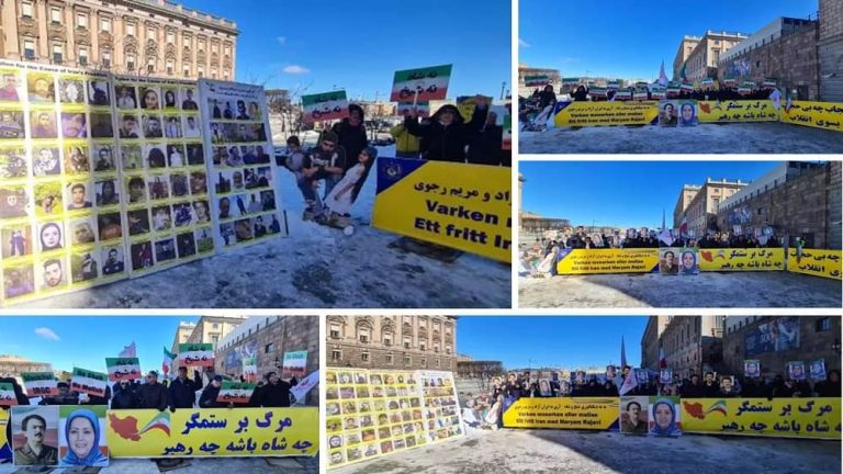 Stockholm, Sweden—April 1, 2023: Freedom-loving Iranians and supporters of the People's Mojahedin Organization of Iran (PMOI/MEK) held a rally in front of the Swedish Parliament and expressed solidarity with the nationwide Iran protests.